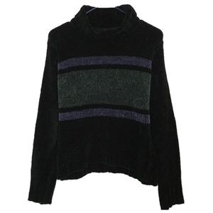 Vintage Kathy Ireland Black Striped Chenille Knit Turtle Neck Sweater